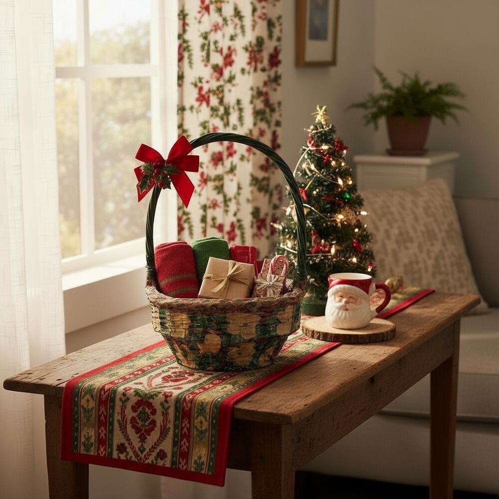 1980s Wicker Basket Decoupage Floral Vintage Christmas Decor Nostalgic Holiday